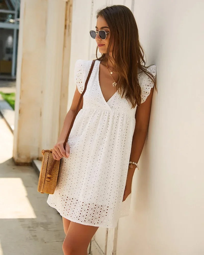 Lucienne™ | Broderie V-Neck Midi Dress